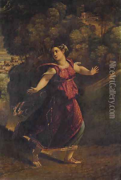 A woman fleeing on a wooded path Oil Painting - Dosso Dossi