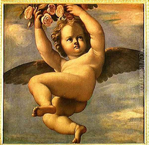 A Cherub Carrying Flowers Oil Painting - Annibale Carracci