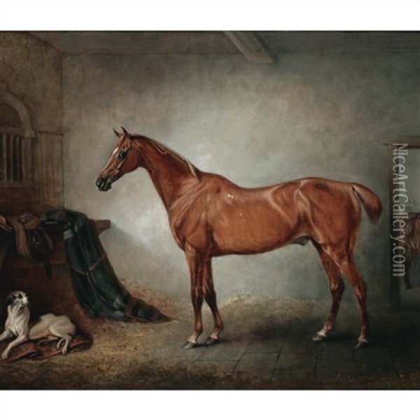 Firebird, A Chestnut Hunter, And Policy, A Foxhound, In A Loose Box Oil Painting - John E. Ferneley