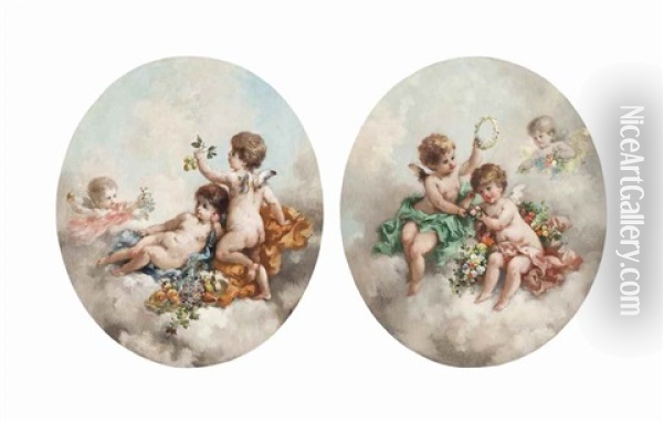 Putti Disporting In The Clouds (pair) Oil Painting - Charles Augustus Henry Lutyens