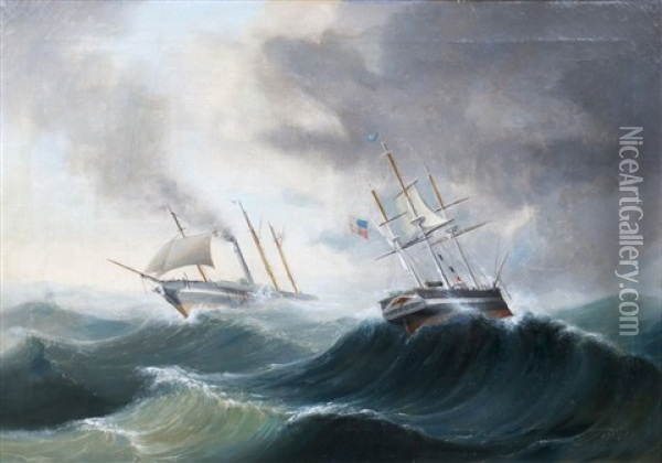 Begegnung Amerikanischer Schiffe In Schwerer See Oil Painting - Carl Justus Harmen Fedeler