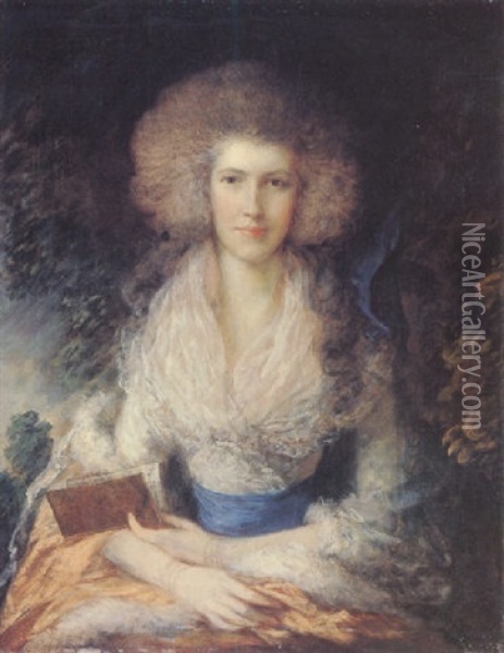 Portrait Of A Lady Wearing A White Gown With Blue Sash, Holding A Book Oil Painting - Gainsborough Dupont
