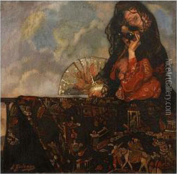 Maja En El Balcon Oil Painting - Ignacio Zuloaga Y Zabaleta
