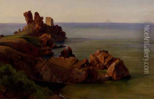 A Rocky Outcrop With A Moored Boat And Ruined Watchtower, Cefalu Oil Painting - Jean-Baptiste-Adolphe Gibert