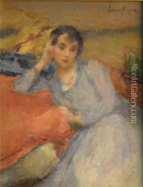 Portrait De Femme A La Robe Bleue Oil Painting - Lucien Rene Mignon