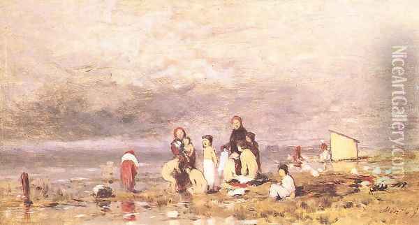 Lake Balaton with Bathing Peasant Children c. 1885 Oil Painting - Geza Meszoly