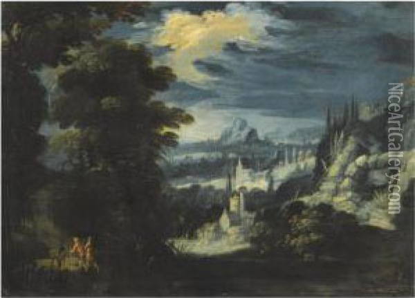 An Extensive Landscape With Travellers In The Foreground Oil Painting - Lucas van Valckenborch