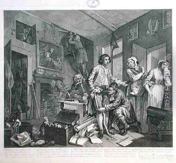 The Young Heir Takes Possession of the Misers Effects plate I from A Rakes Progress 2 Oil Painting - William Hogarth