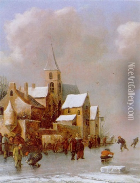 Eisvergnugen Vor Einem Dorf Oil Painting - Thomas Heeremans