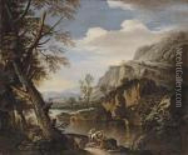 A Mountainous Wooded Landscape With Soldiers On A River Bank Oil Painting - Salvator Rosa