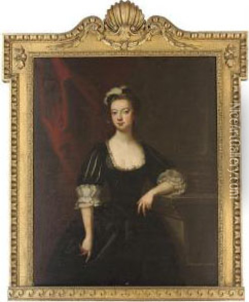 Portrait Of Lady Lucy Montagu 
(d.1734), Countess Of Guilford,three-quarter-length, In Black Classical 
Dress And Black Plumedcap, Her Left Arm Resting On A Plinth Oil Painting - John Vanderbank