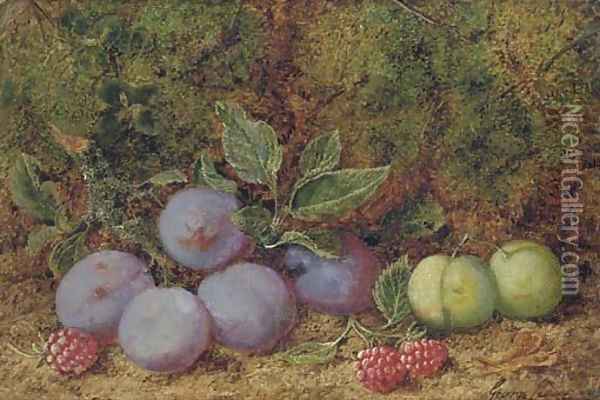 Plums, raspberries and greengages on a mossy bank Oil Painting - George Clare
