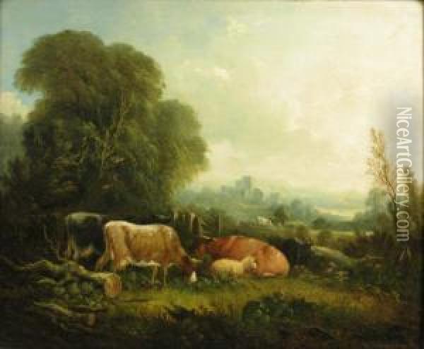 Cattle, Sheep And A Goat Grazing Near Castle Ruins Oil Painting - John Joseph Barker Of Bath