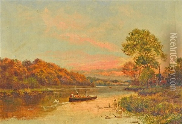Lake Scene With Boat Oil Painting - Alfred de Breanski Sr