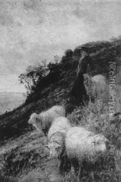 Shepherdess And Sheep In A Coastal Pasture Oil Painting - John Austin Sands Monks