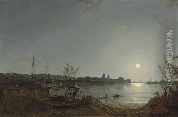 A View Of Greenwich Reach From The Thames By Moonlight Oil Painting - Henry Pether
