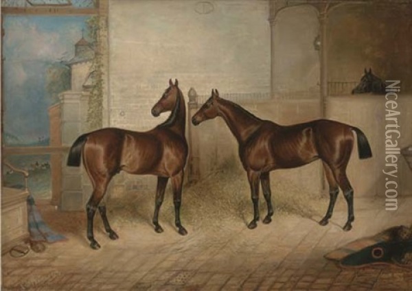 Bay Hunters In A Stable, Alerted By The Hunt Oil Painting - Charles Bilger Spalding