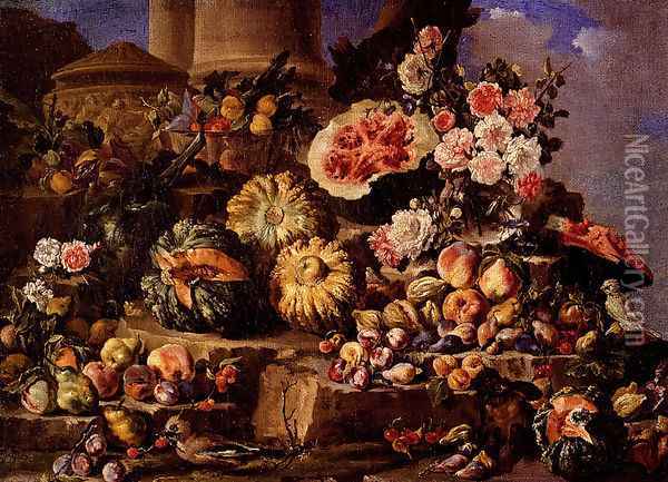 Still Life Of Fruit And Flowers On A Stone Ledge With Birds And A Monkey Oil Painting - Michele Pace Del (Michelangelo di) Campidoglio