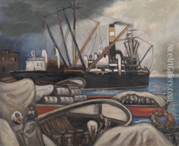 Boats In A Port Oil Painting - Mikhail Latri
