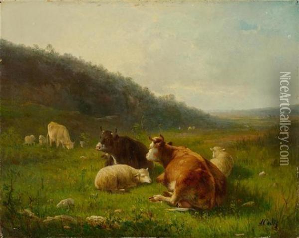 Pair Of Pictures: Landscape With Sheep Oil Painting - Andre Cortes