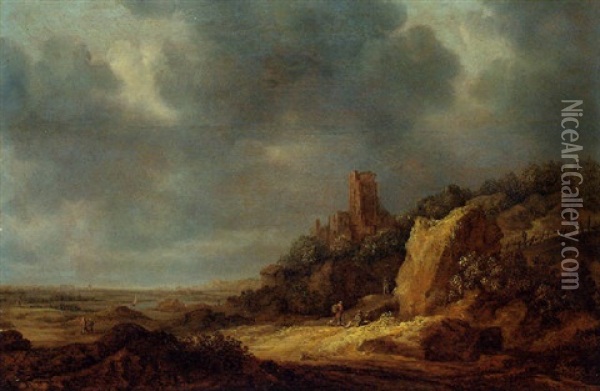An Extensive Dune Landscape With A Ruined Castle On A Hill And Travellers On A Path Oil Painting - Reynier Van Der Laeck