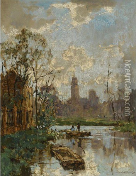 A View Of A Dutch Canal With A Bell Tower In The Background Oil Painting - Johann Hendrik Van Mastenbroek