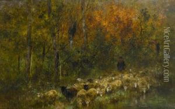 Shepherd And Flock In Woodland Oil Painting - Xavier De Cock