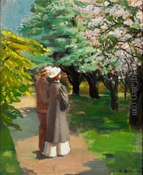 Springtime In The Park. A Young Couple Is Looking At The Blooming Trees Oil Painting - Anna Kirstine Ancher