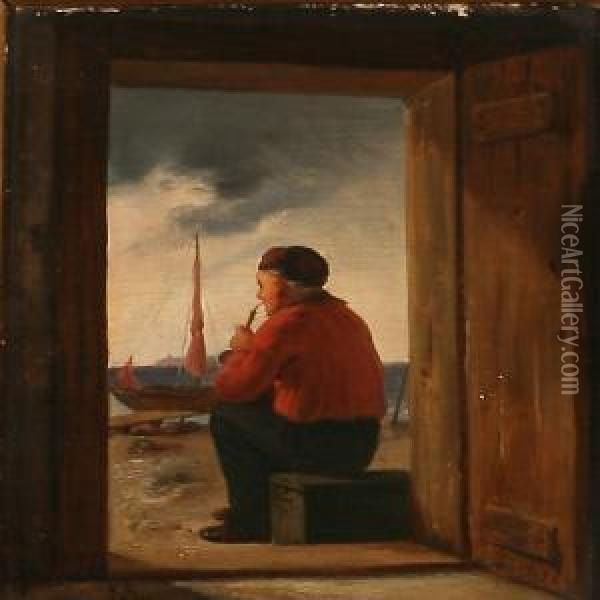 A Fisherman In A Doorway Oil Painting - Christian Andreas Schleisner