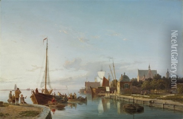 Unloading The Catch In A Dutch Harbour Town Oil Painting - Hermanus Koekkoek the Elder