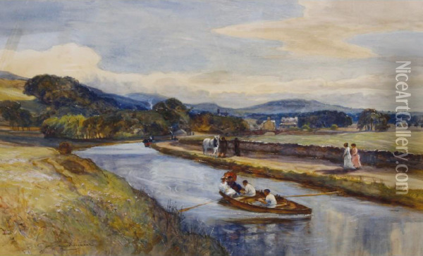 Figures Enjoying A Rowing Boat Ride Along The River Oil Painting - James Scott Kinnear