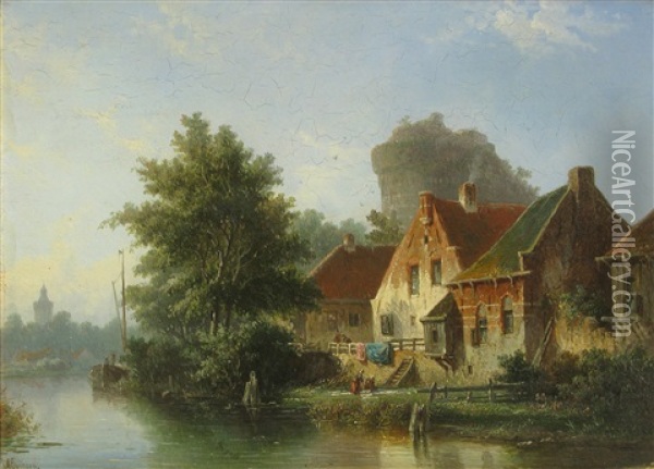 A View Of A River With Houses On The Bank Oil Painting - Adrianus Eversen
