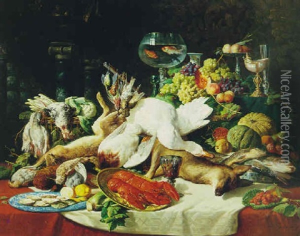 A Still Life With Fruit, Fish Game And A Goldfish Bowl Oil Painting - Lucas Victor Schaefels