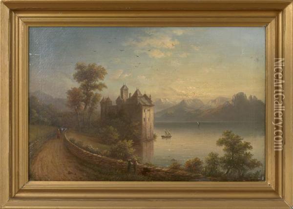 European Landscape With A Lakeside Castle And A Figure On A Path Oil Painting - Harold Rudolph