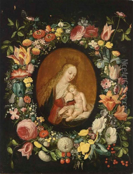 The Virgin And Child Surrounded 
By A Flower Garland With Roses, Tulips, Snowballs, Wallflowers, Irisses,
 An Opium Poppy, Pansies, Forget-me-nots, Red-turban-cup Lilies, Lilies,
 And Other Flowers Together With Raspberries And Red Berries Oil Painting - Frans II Francken