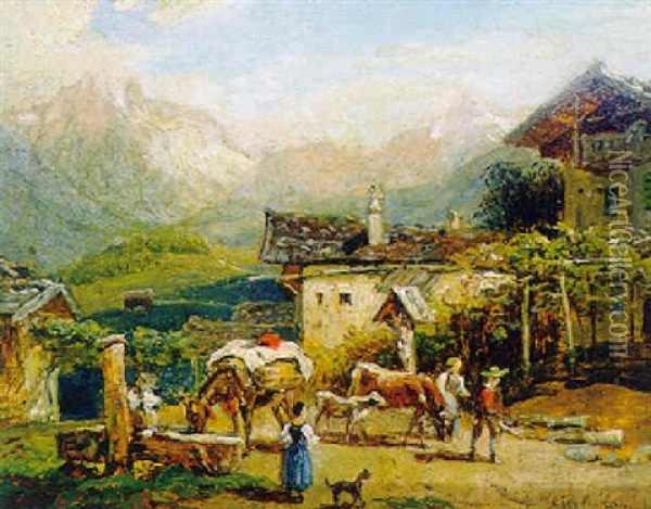 Sommertag In Tiroler Dorf Mit Gebirgshintergrund Oil Painting - Franz Reinhold