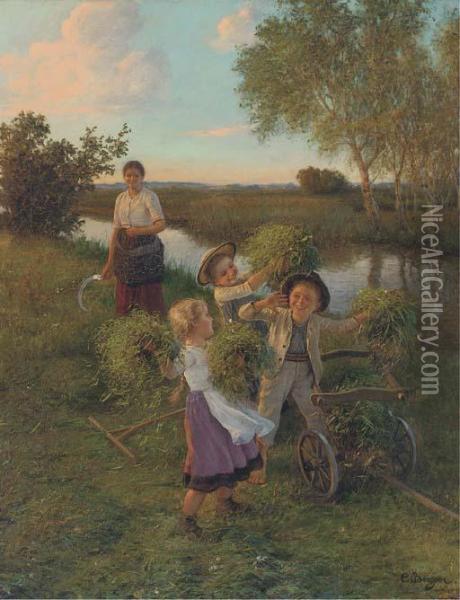 Mischief By The River Oil Painting - Carl Von Bergen