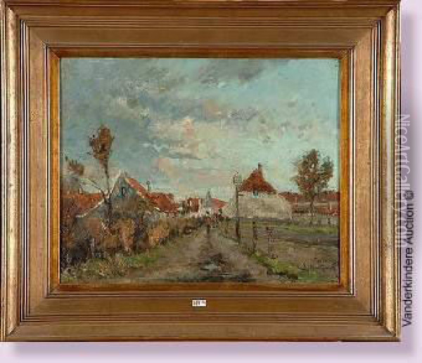 L'entree Du Village Oil Painting - Jules Merckaert
