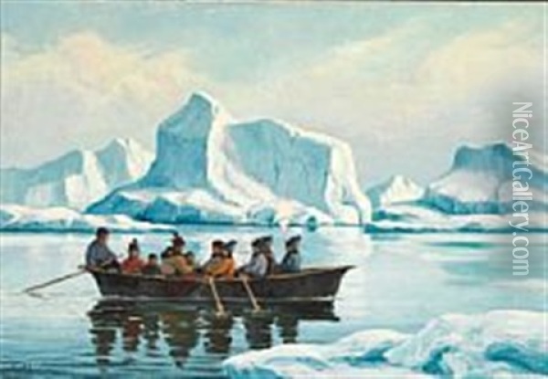 Umiak In A Greenlandic Fjord Oil Painting - Emanuel A. Petersen