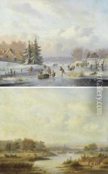 Pair Of Works: Summer Landscape / Winter Landscape. Oil Painting - Carl Eduard Ahrendts
