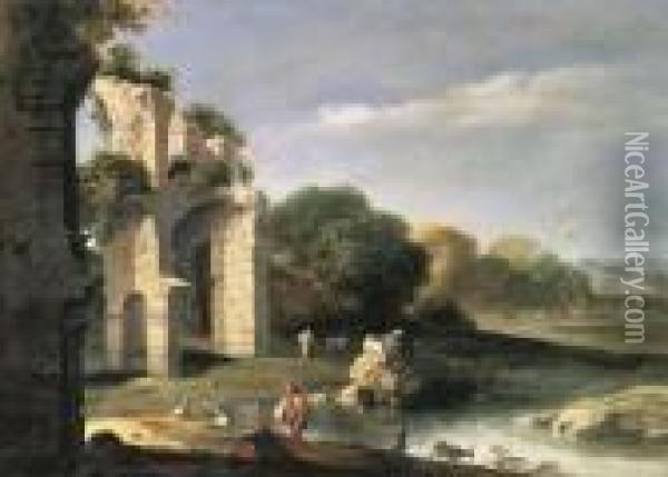Figures In A Landscape With Classical Ruins Oil Painting - Bartholomeus Breenbergh