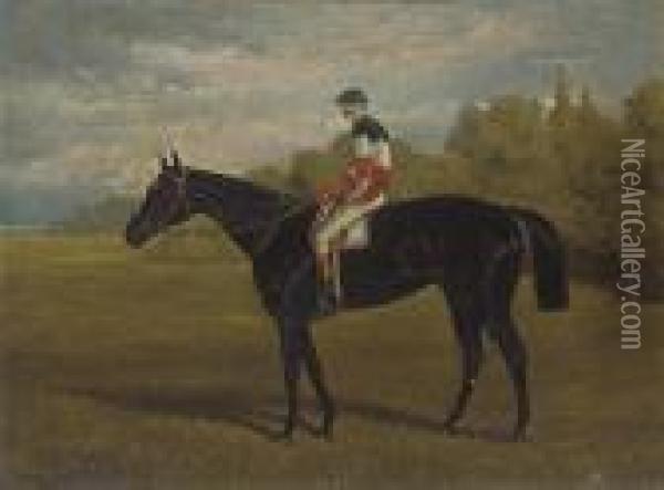 A Black Racehorse With Jockey Up Oil Painting - Henry Stull