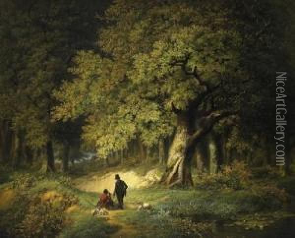 Large Summerly Forest Landscape. Two Hunters On The Trail, Below An Oak. Signed And Dated Unten Links Der Mitte: W.j. Van Den Berghe 47 Oil Painting - Willem Jan Van Den Berghe