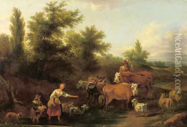 Travellers and shepherds in a wooded Italianate valley Oil Painting - Nicolaes Berchem