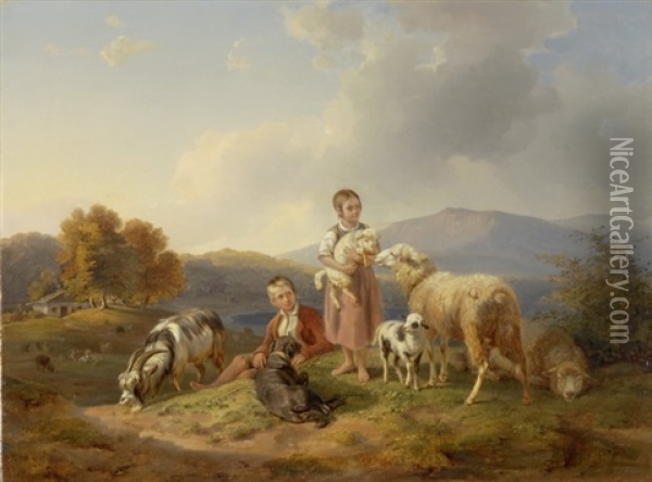 Madchen Und Knabe Mit Hirtenhund, Ziege Und Schafen Oil Painting - Benno Raffael Adam