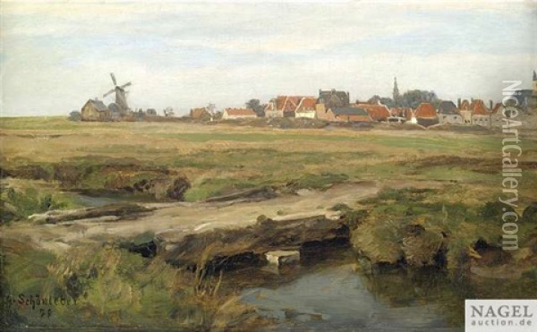 Hollandische Herbstlandschaft Mit Blick Auf Ein Dorf Oil Painting - Gustav Schoenleber