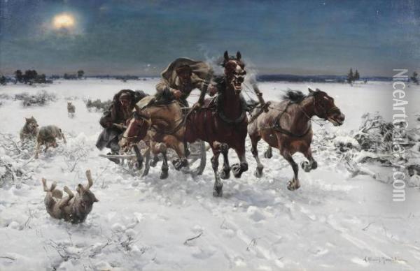 Wolves In Pursuit Oil Painting - Alfred Wierusz-Kowalski