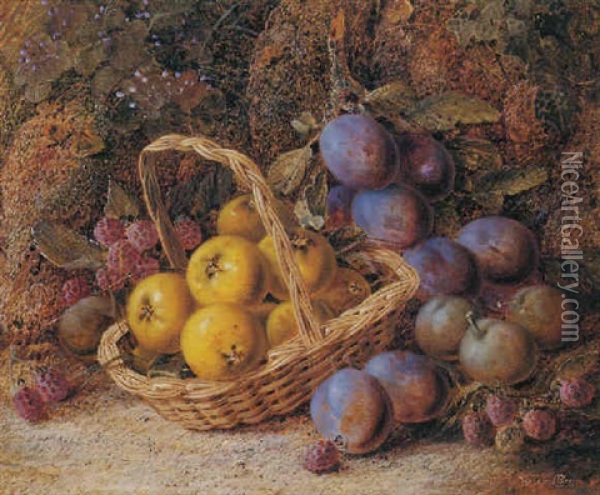 Still Life Of Apples In A Basket, Raspberries And Plums On A Mossy Bank Oil Painting - Vincent Clare