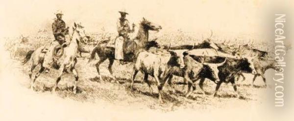 Cattledrive
Signed 'edward Borein' (lower Right) Oil Painting - John Edward Borein