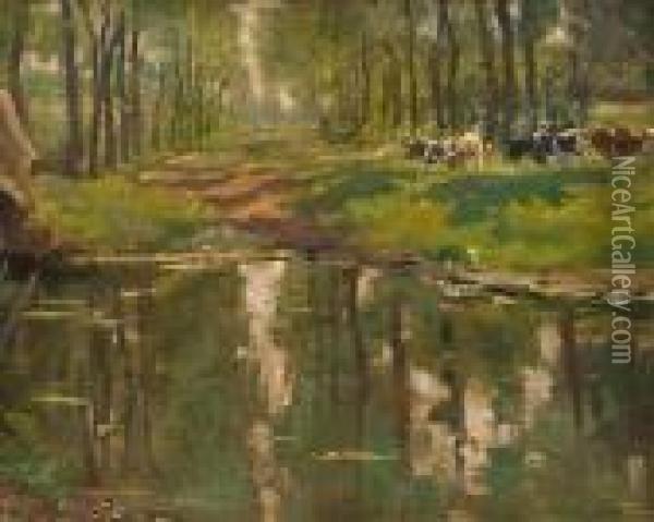 Cattle In Sunlitwoodland Oil Painting - Emile Claus